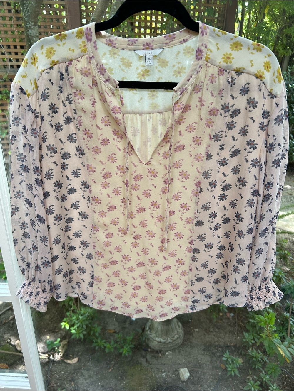 Joie Cream and Pink Floral Split-Neck Blouse